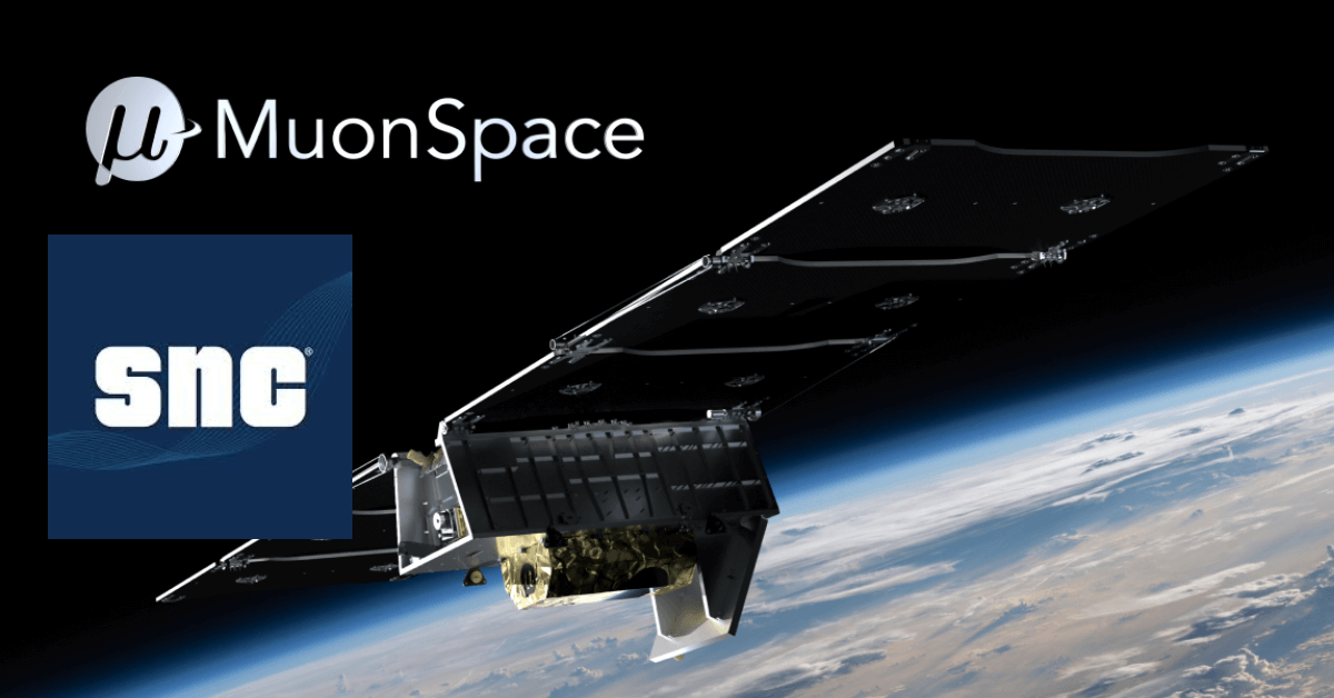 The image shows a satellite orbiting Earth with the logos of Muon Space and SNC displayed in the upper left corner. The satellite is depicted against the backdrop of space and the Earth's horizon.